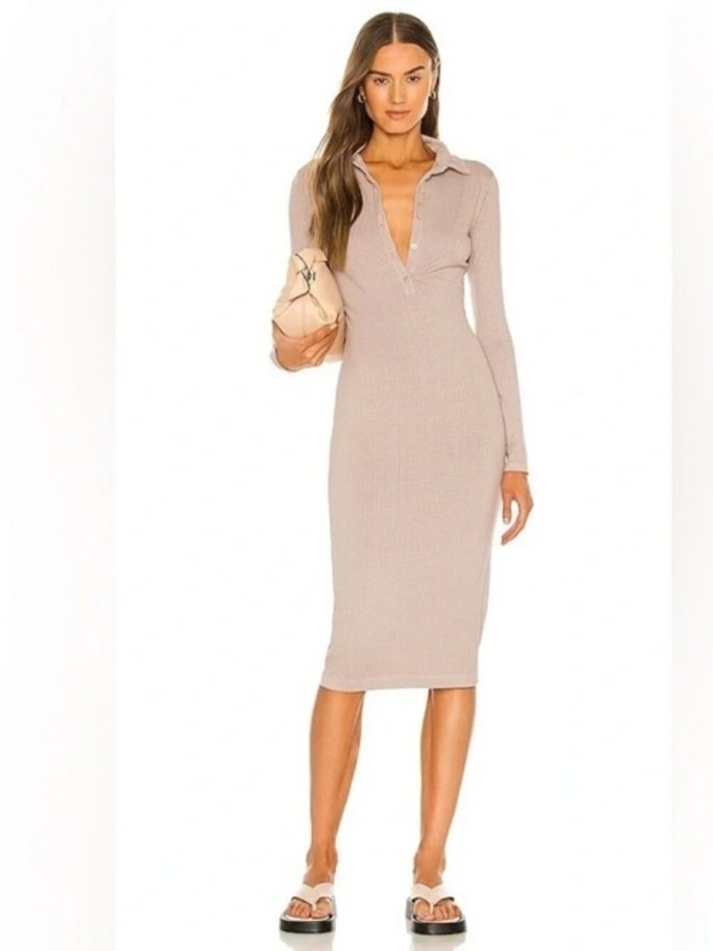 Enza Costa Rib Midi Polo Dress in Oatmeal Small S